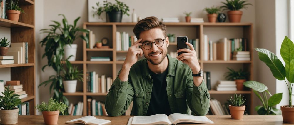 Молодой мужчина с телефоном в руке улыбается, сидя за столом в окружении книг и растений.