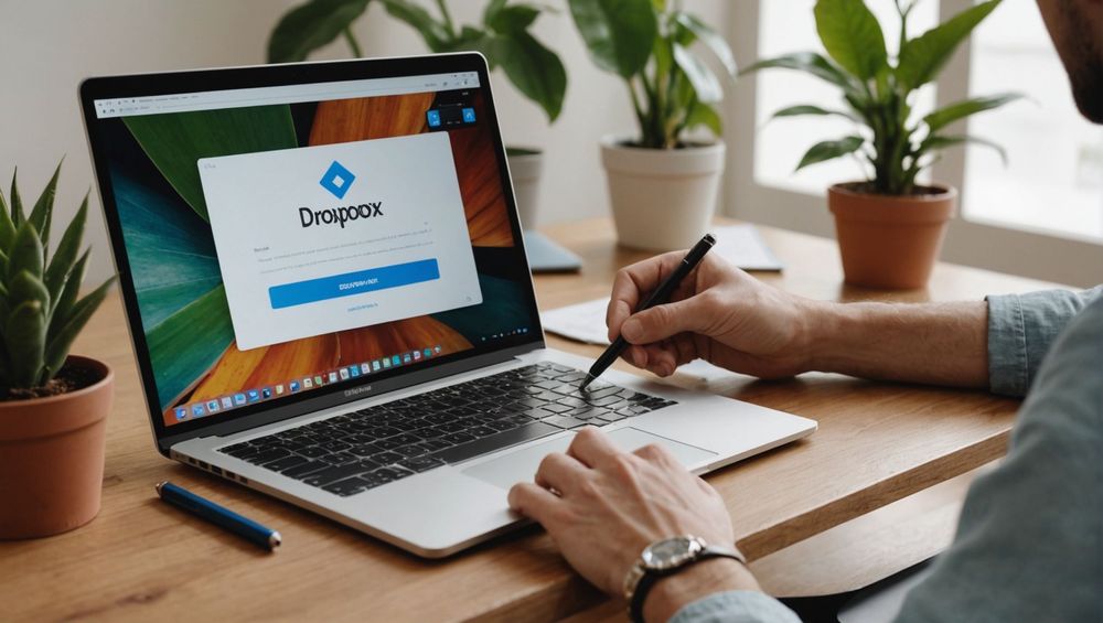 Мужчина использует ноутбук с открытым сайтом Dropbox на рабочем столе с растениями.