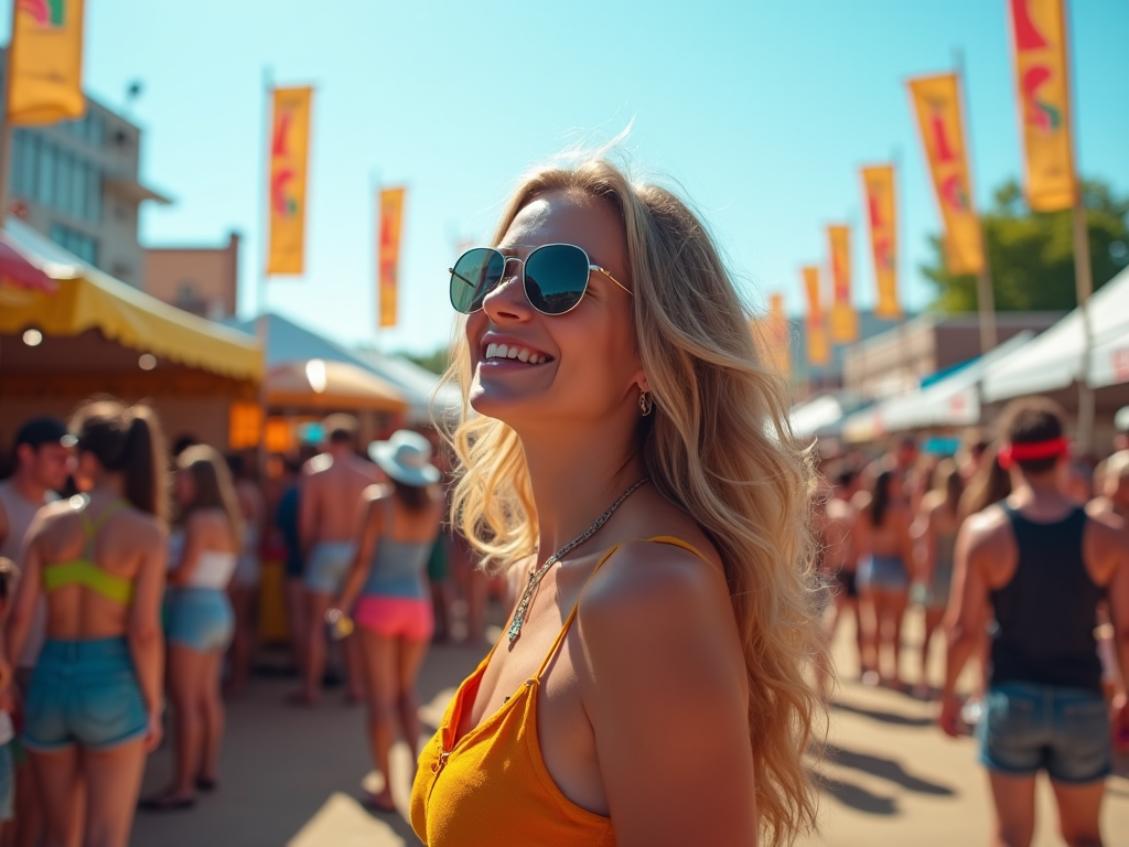 Happy woman in sunglasses at a sunny outdoor festival, smiling with a crowd in the background.