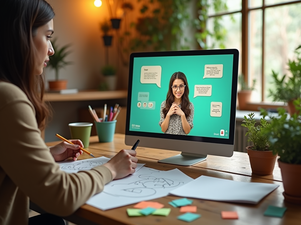 Woman participates in an online workshop, taking notes while interacting with an instructor on her computer screen.