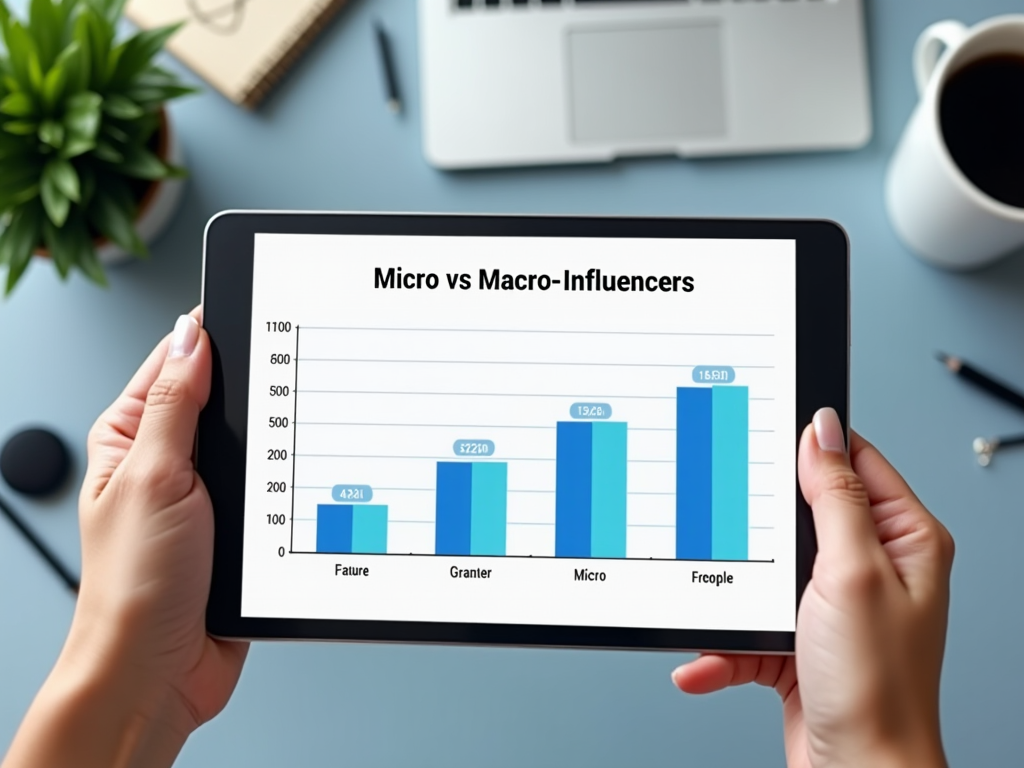 Hands holding a tablet displaying a bar chart titled "Micro vs Macro-Influencers" with comparison data.