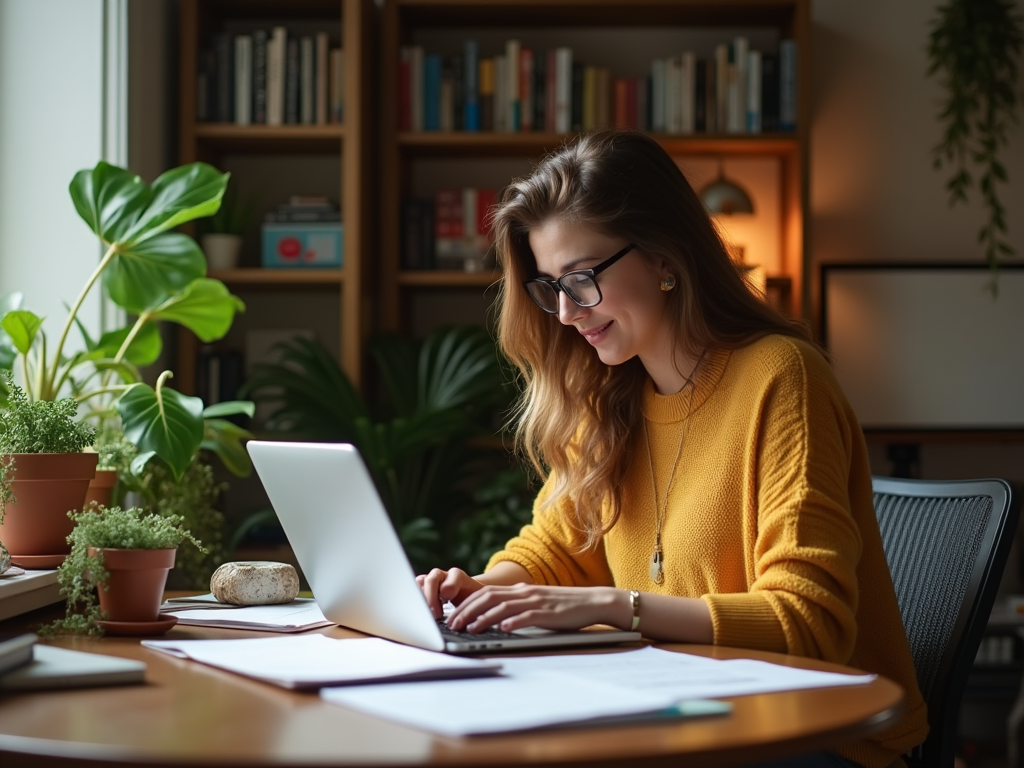 Woman in glasses typing on a laptop at a plant-filled home office.