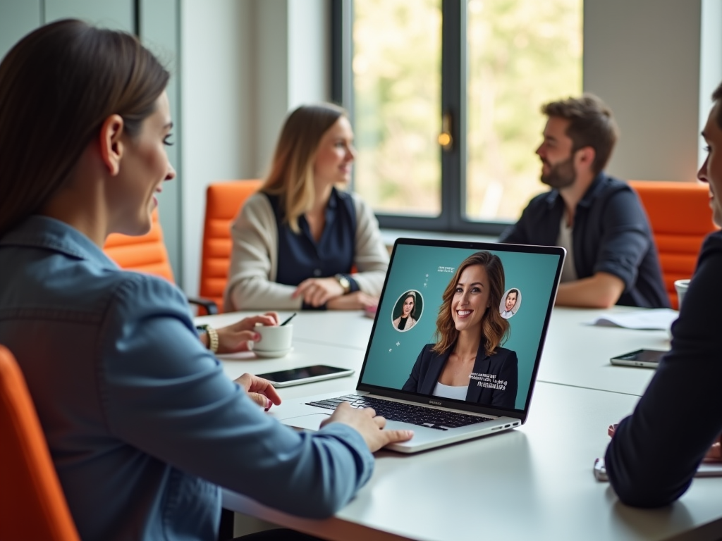 Team members in a meeting room interacting with a colleague via video call on a laptop screen.