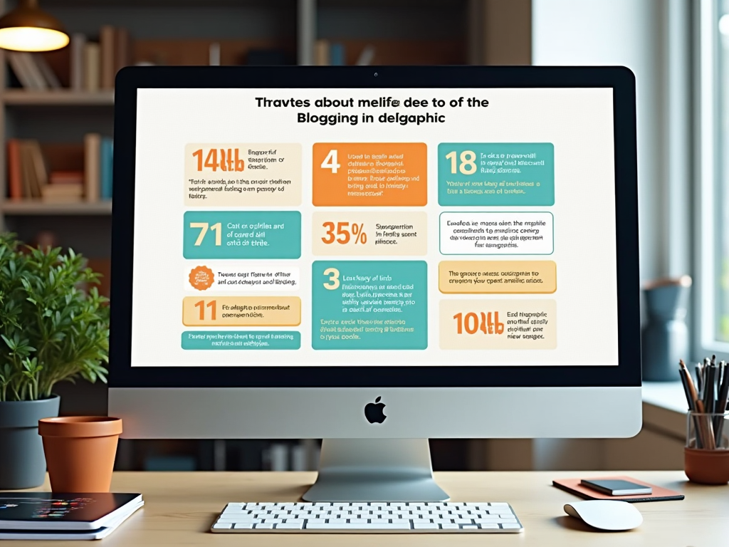 Computer monitor displaying a colorful infographic titled "Thravtes about melife dee to of the Blogging in delgraphic" on a desk.