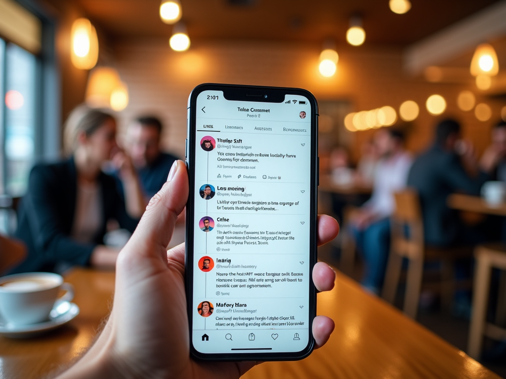 Hand holding smartphone displaying social media app in a busy cafe setting.