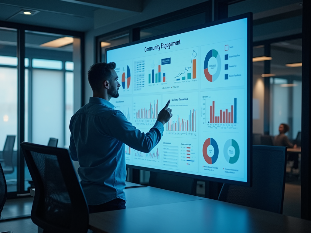 Man presenting community engagement data on a large screen in a modern office.