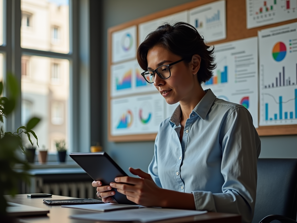 Woman in glasses using tablet in office with charts on wall.