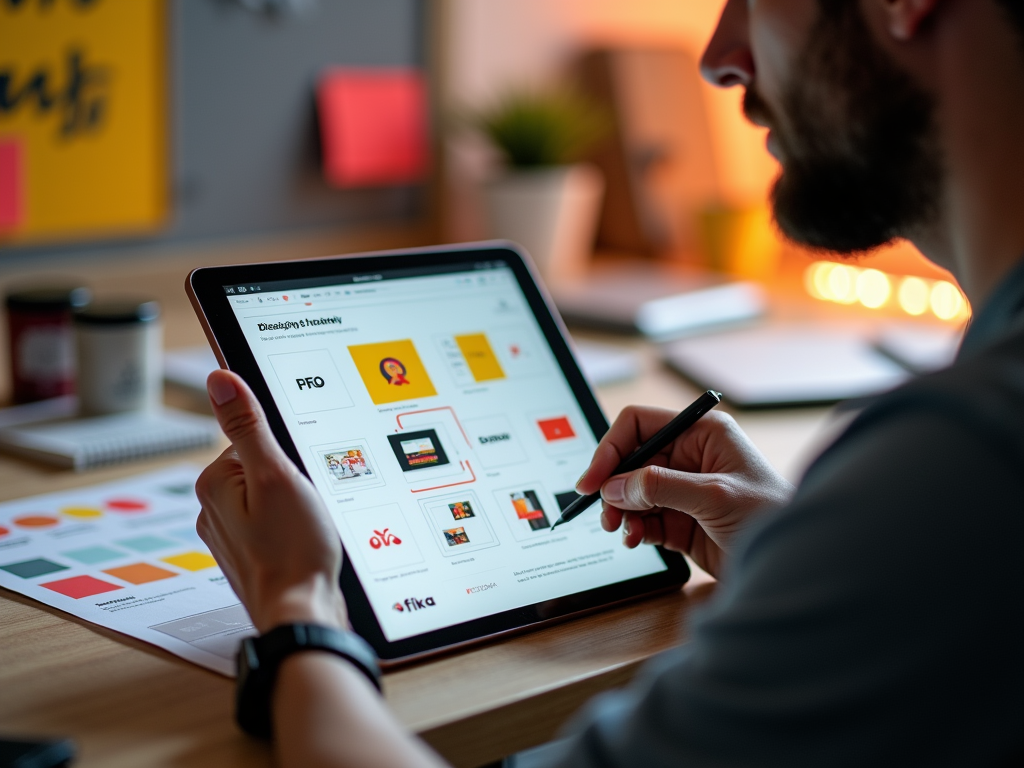 Man using stylus on tablet displaying design concepts in a brightly lit office.