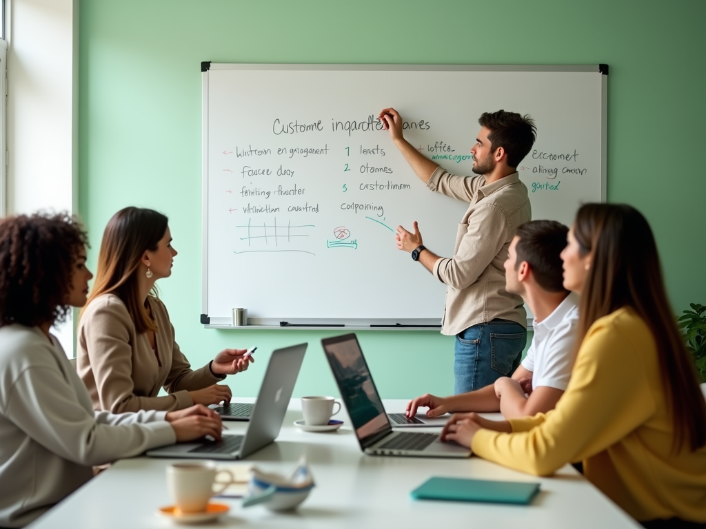 Man presenting on whiteboard to attentive team in a meeting room.