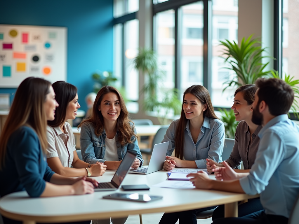 Group of five professionals engaged in a discussion around a table in a bright office setting.