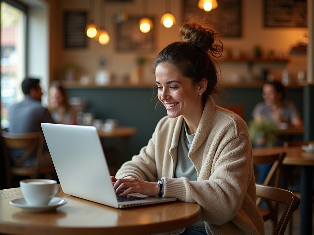 Young woman smiling while using a laptop in a cozy café, with people in the background.