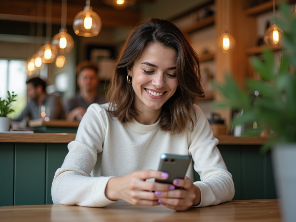 Young woman smiling at her smartphone in a cozy cafe with hanging lights and other customers in the background.