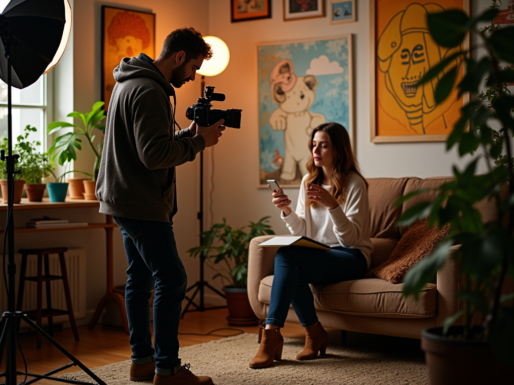 Man filming a woman on a couch looking at her phone in a cozy room full of plants and art.