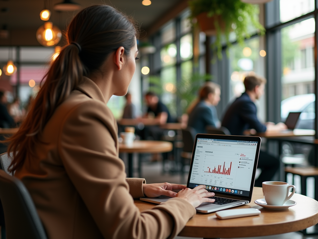 Woman in a café working on a laptop with financial charts on the screen, surrounded by other patrons.