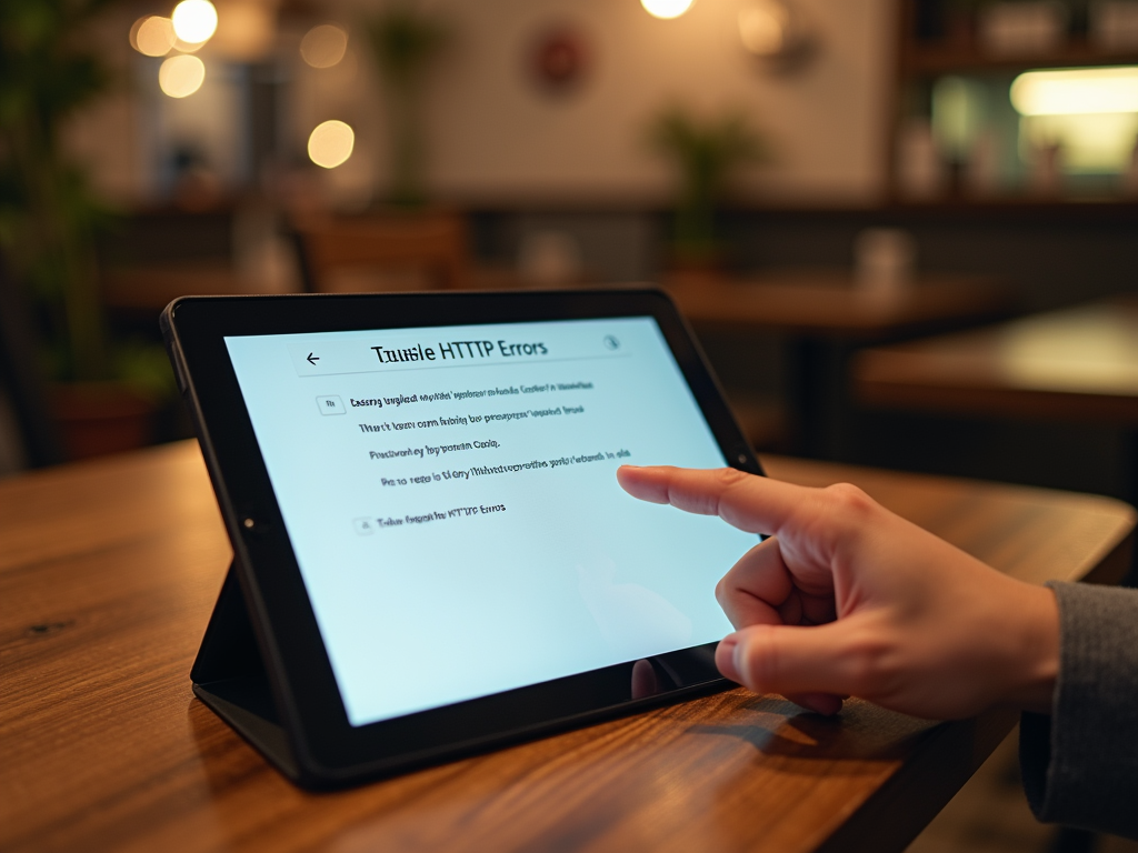 A person’s hand touches a tablet displaying a list of HTTP errors on a wooden table in a cozy café setting.