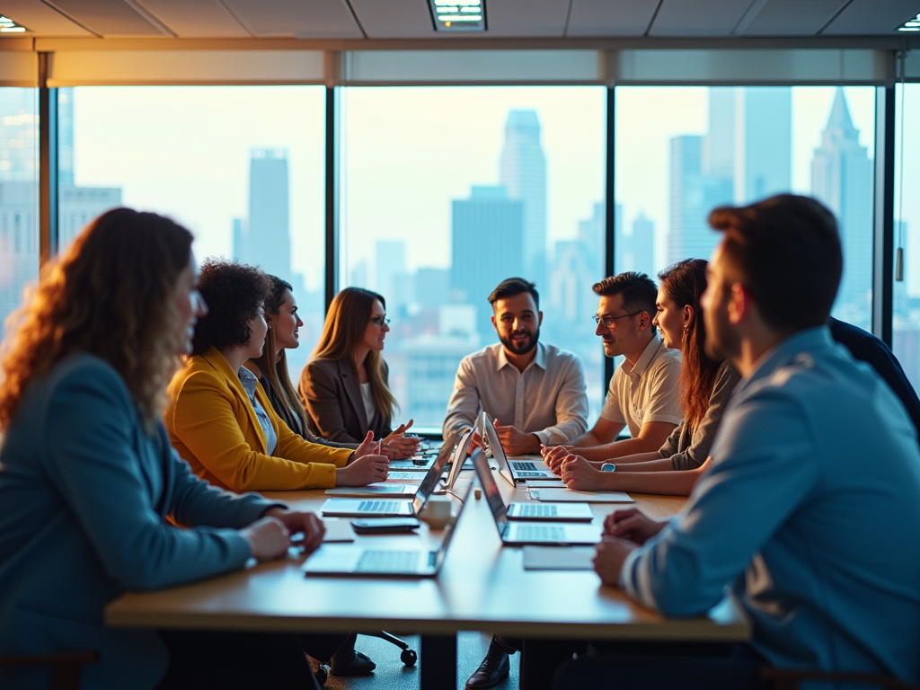 A diverse group of professionals in a meeting, engaged in discussion with laptops, city skyline in the background.