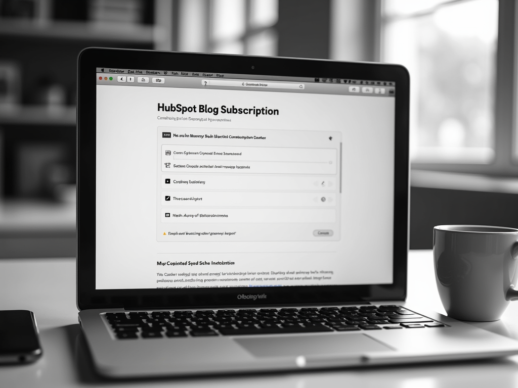 A laptop displaying a HubSpot blog subscription page, with a coffee cup and smartphone nearby.
