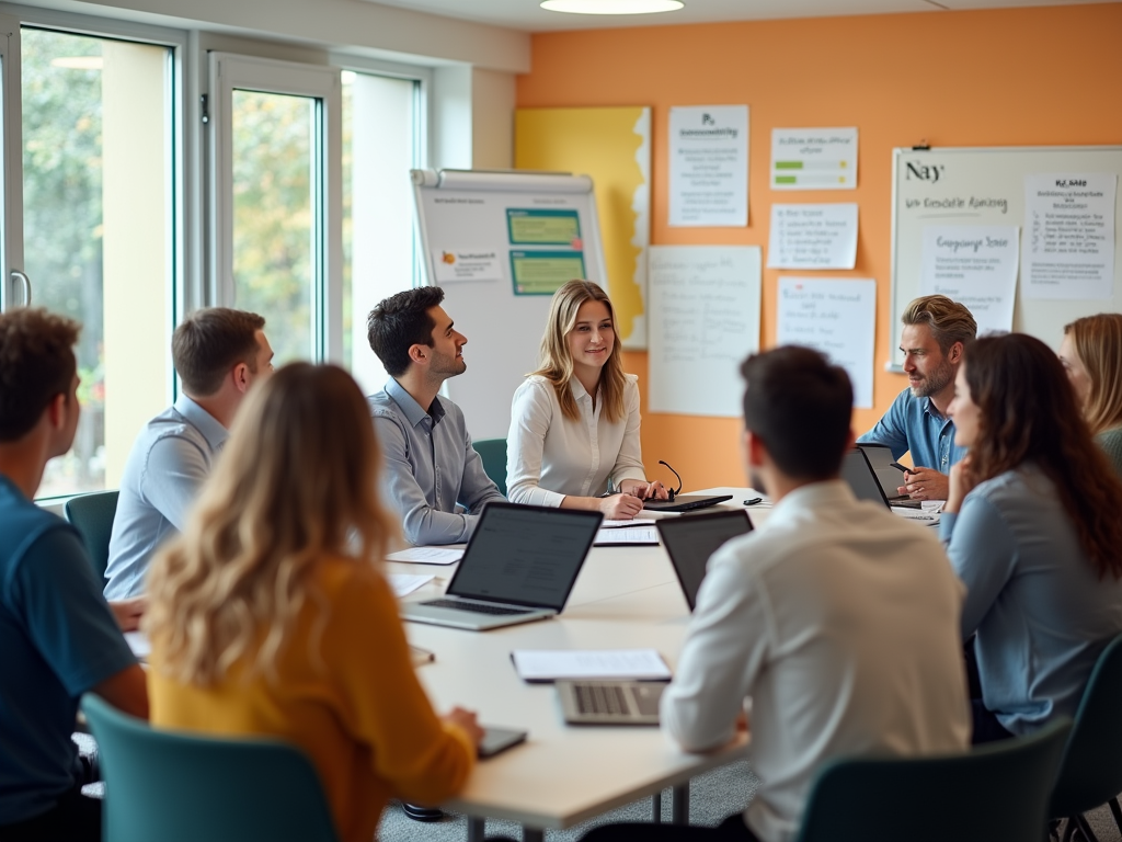 A diverse group of professionals engage in a meeting around a table, with laptops and notes visible.