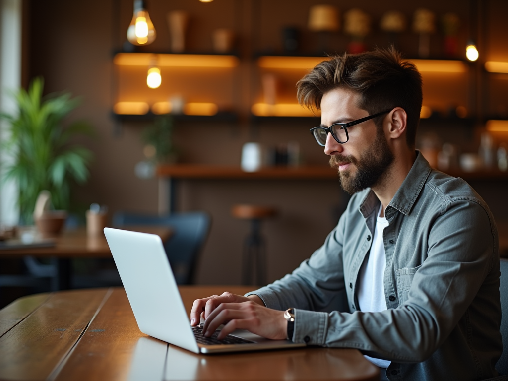 A young man in glasses works on a laptop at a wooden table in a cozy, well-lit café.