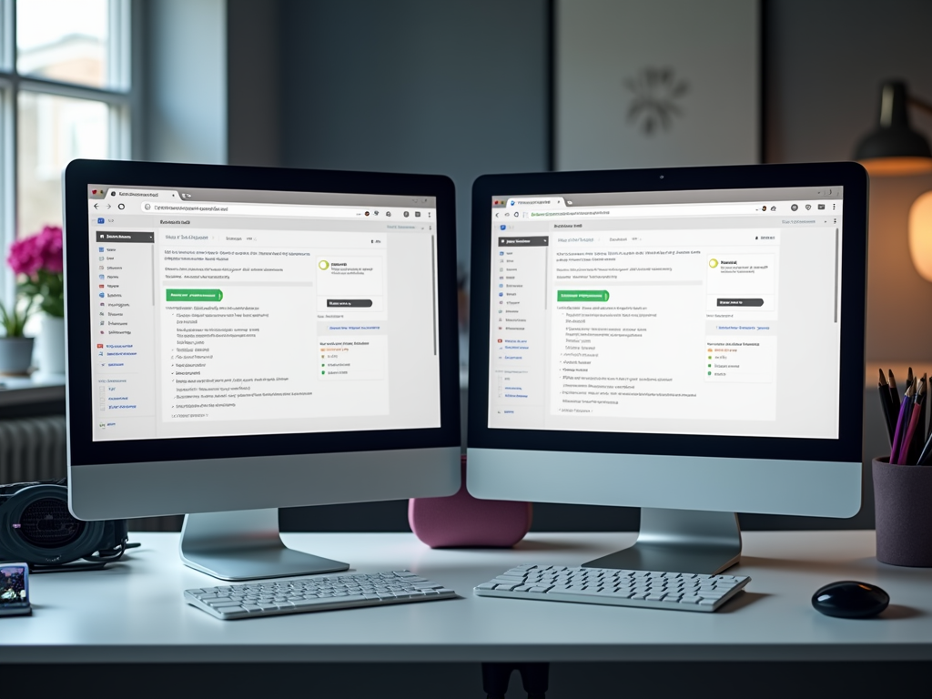 Two computer monitors on a desk display web pages with various settings and information, with a camera nearby.