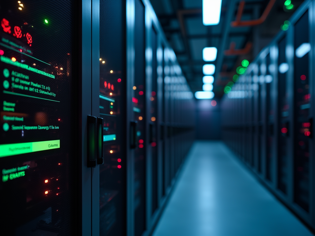 A dimly lit data center with server racks and illuminated panels displaying data and status lights.