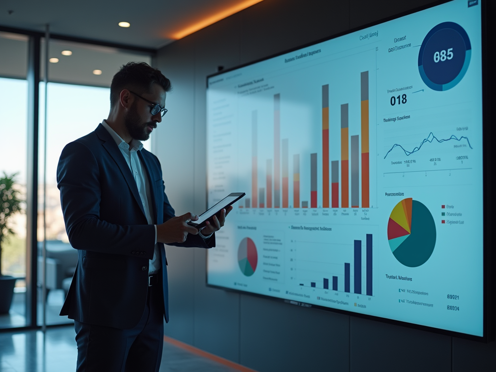 A businessman in a suit analyzes data on a large screen while holding a tablet in a modern office setting.