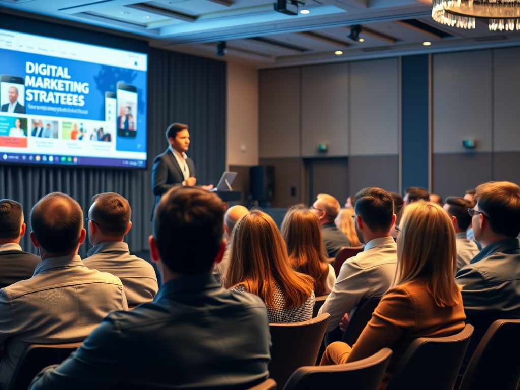 A speaker presents on digital marketing strategies to an attentive audience in a conference room.