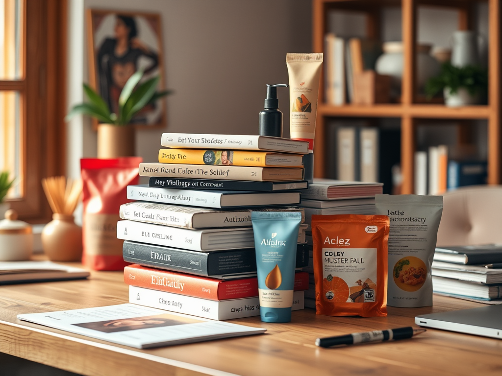 A cozy workspace with stacked books, skincare products, and snacks, illuminated by natural light from a window.