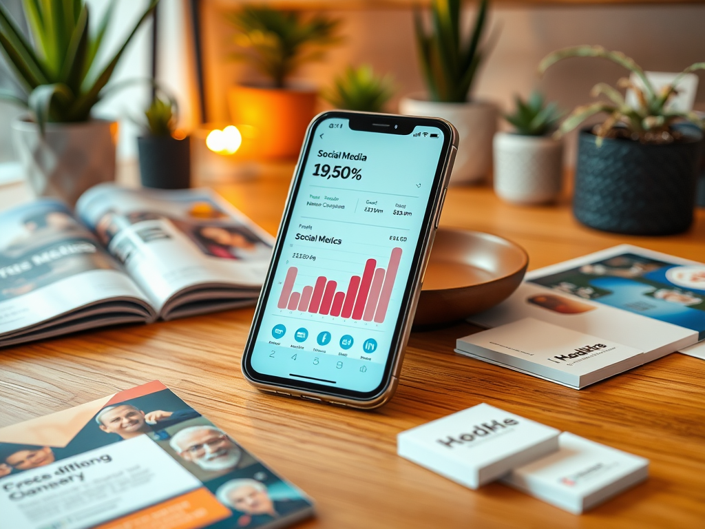 A smartphone displaying social media analytics on a desk with magazines, business cards, and small plants.