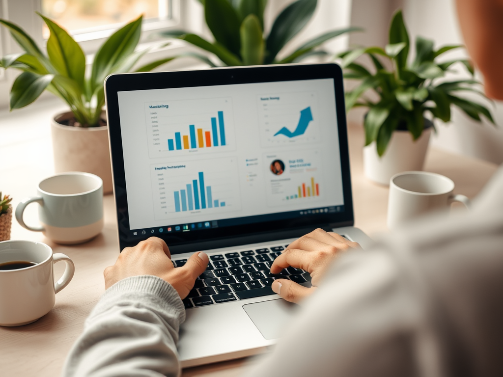 A person types on a laptop displaying business analytics, surrounded by plants and coffee mugs.