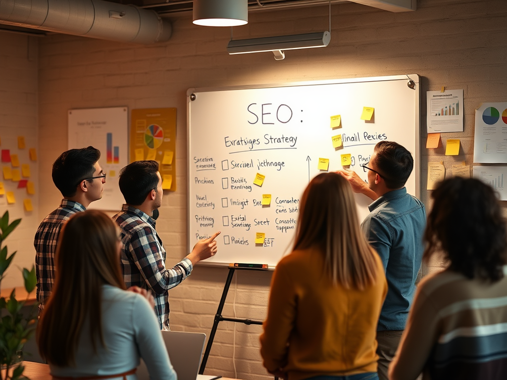 A group of professionals discusses an SEO strategy while pointing at a whiteboard filled with notes and plans.