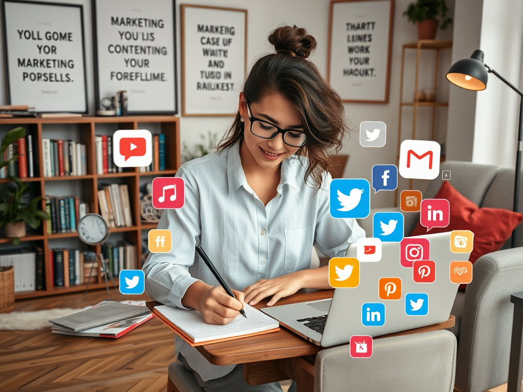 A woman writes notes at a desk with a laptop, surrounded by various social media icons. Books and plants are in the background.