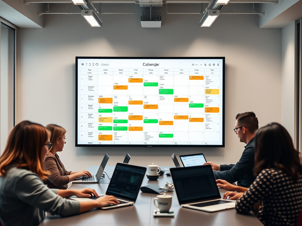 A business meeting with four people working on laptops, discussing a calendar displayed on a large screen.