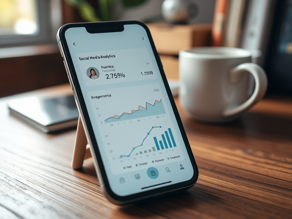 A smartphone displaying social media analytics, with engagement graphs and stats on a wooden desk beside a coffee mug.