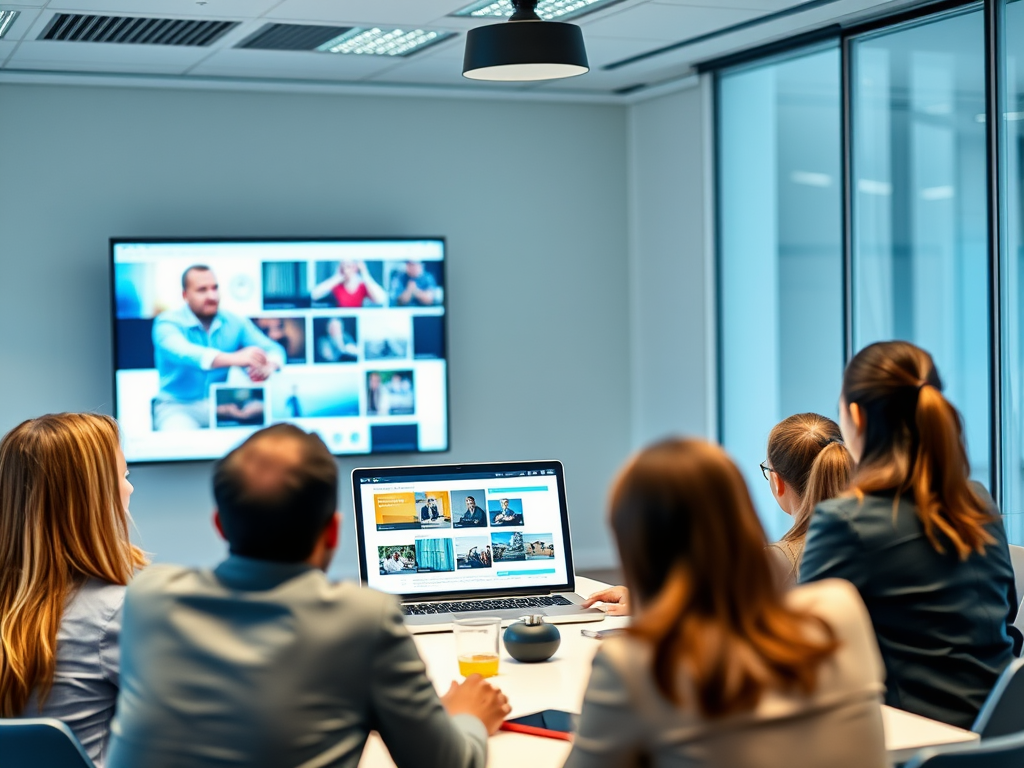 A group of professionals in a meeting room, watching a presentation on a screen and engaging with a laptop.