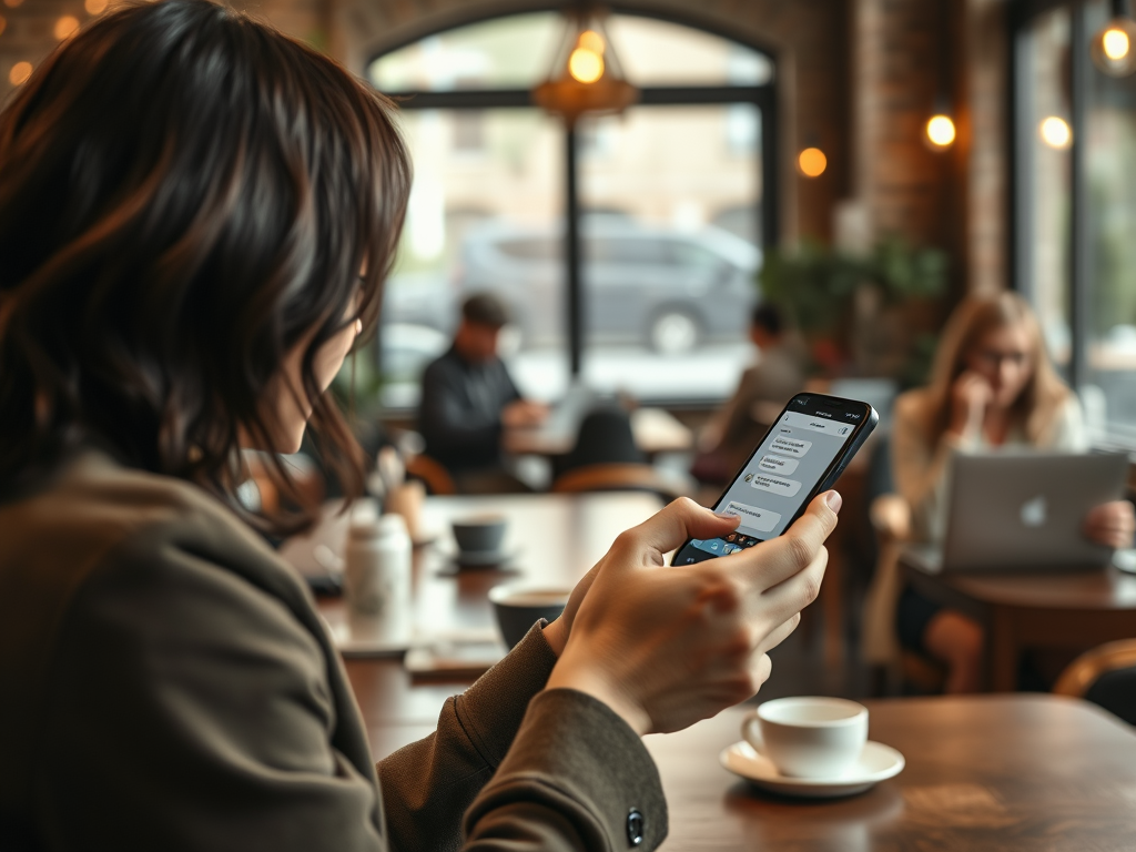 A person holding a smartphone in a café, with a coffee cup and people working in the background.