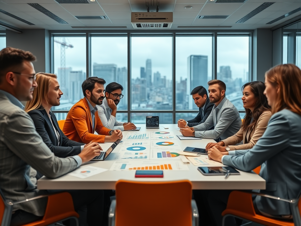 A diverse group of professionals engaged in a meeting around a table with graphs and charts, overlooking a city view.