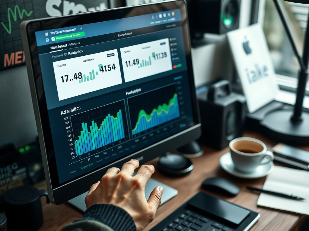 A hand hovers over a computer screen displaying analytics charts and graphs, with a cup of coffee nearby.