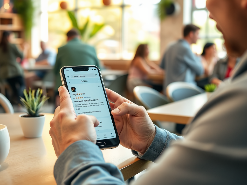 A person is using a smartphone in a café, viewing a profile with reviews and ratings. Plants are visible in the background.