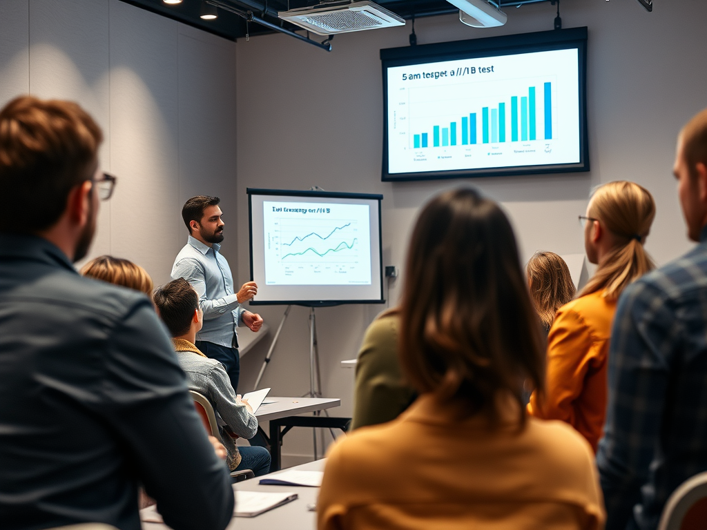 A presenter discusses A/B testing data to an audience, with a graph displayed on a screen.
