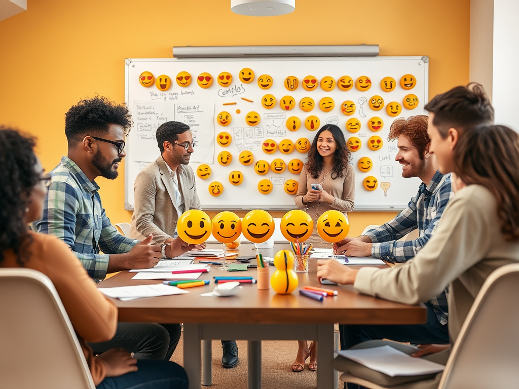 A diverse group of professionals in a meeting, surrounded by emoji faces on a whiteboard, engaged and smiling.