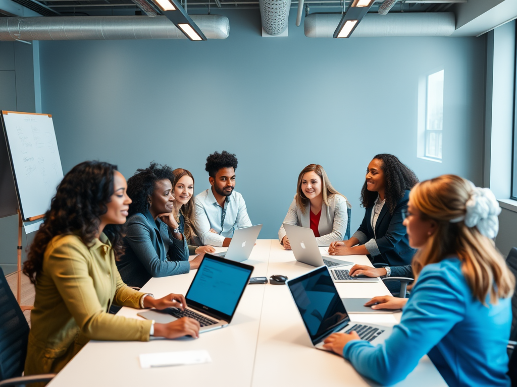 A diverse group of six professionals collaborates at a conference table, engaged with laptops and discussing ideas.