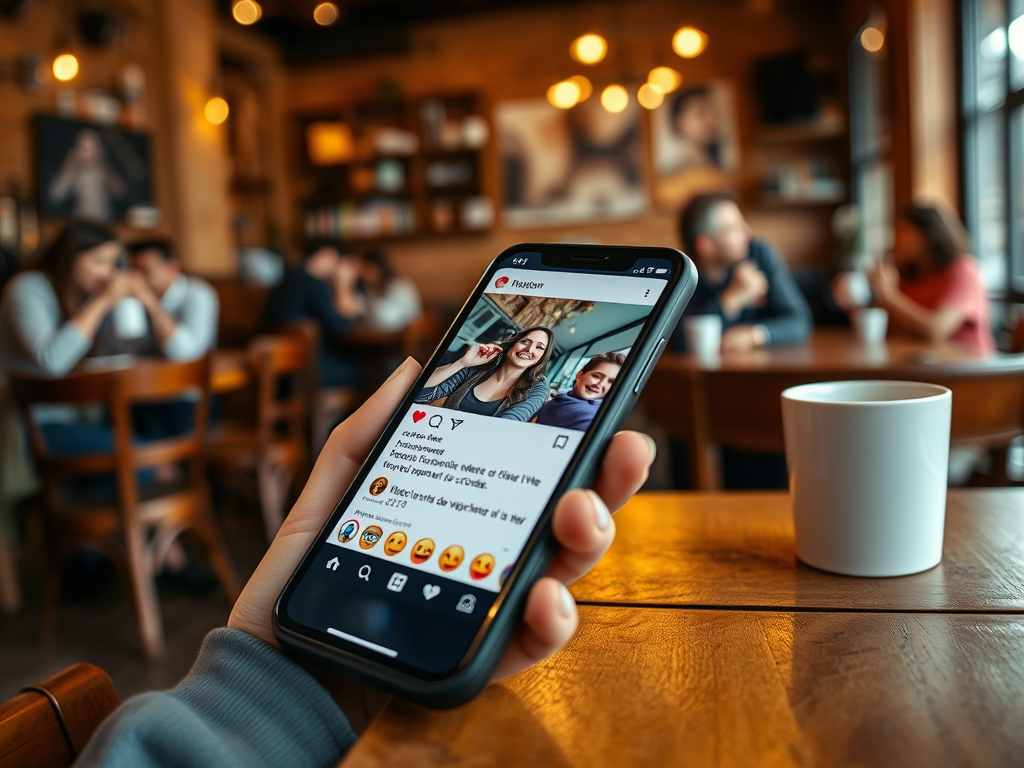 A person holds a smartphone showing an Instagram post while seated at a coffee shop with friends in the background.