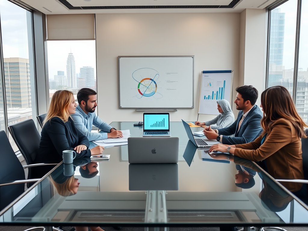A diverse team participates in a meeting around a glass table, discussing graphs displayed on laptops in a modern office.