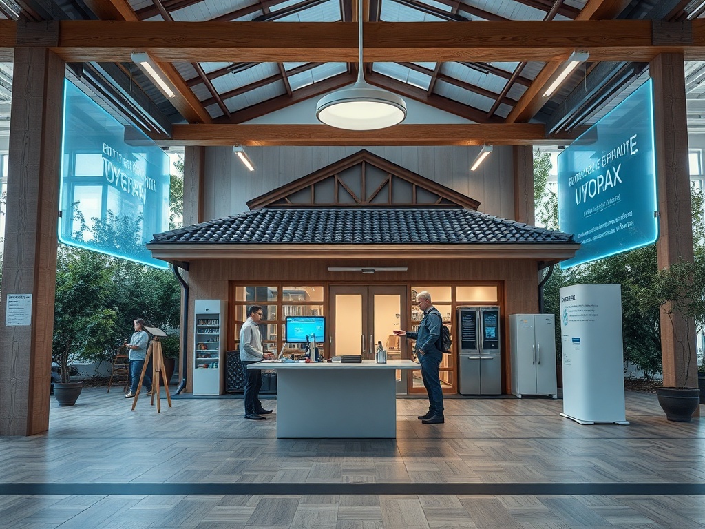 A modern, spacious reception area with two people interacting at a central desk and displays in a natural setting.