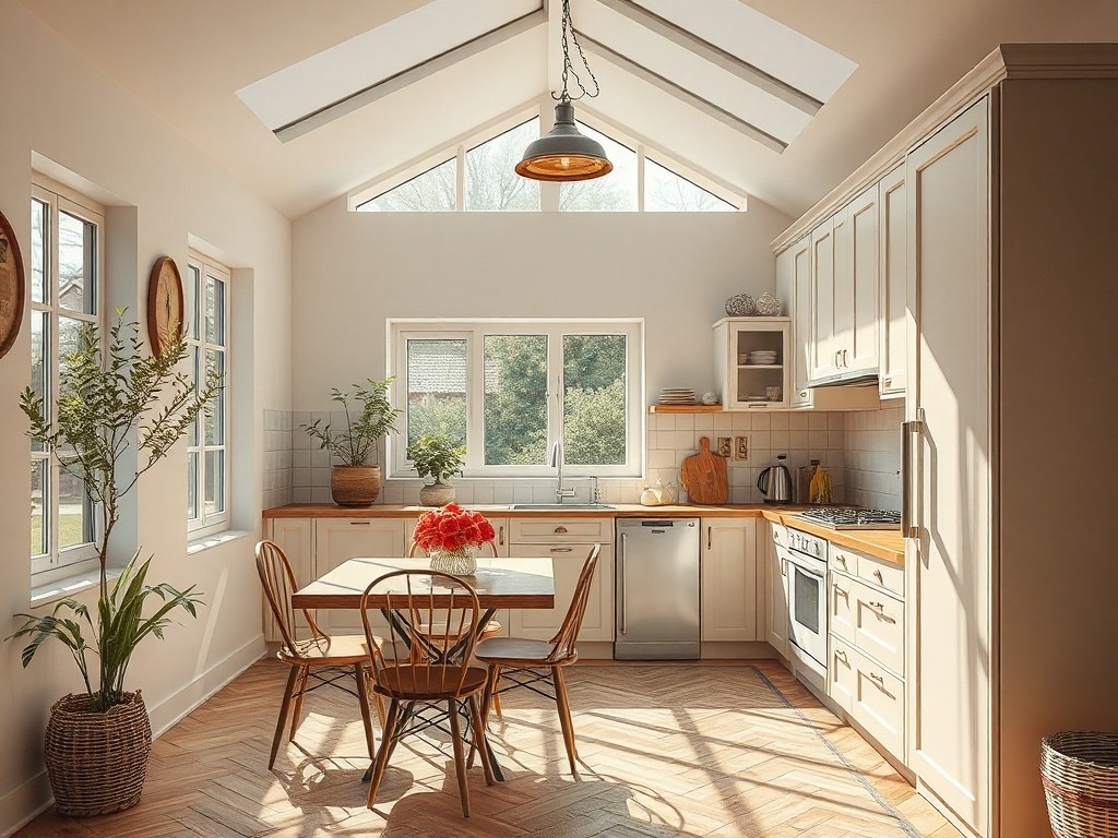 Bright and airy kitchen featuring wooden accents, a dining table, and large windows with natural light streaming in.