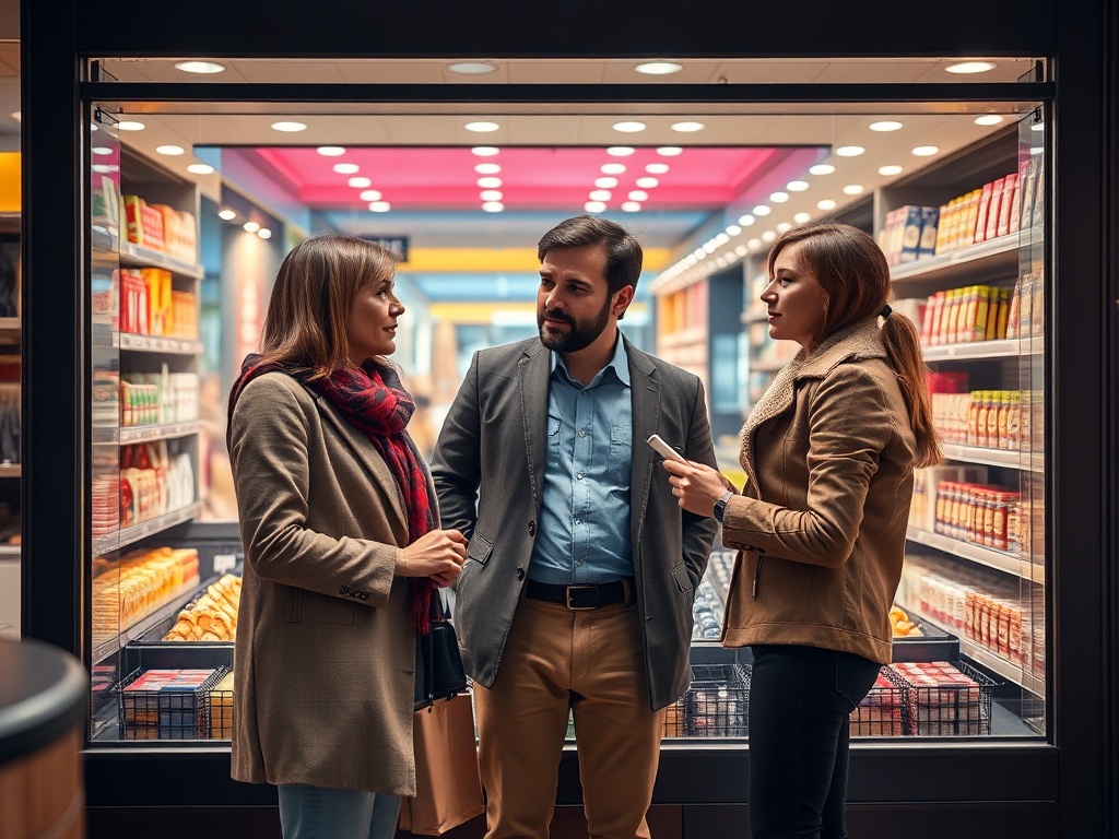 Three people converse in a store aisle filled with colorful packaged goods, discussing products with interest.
