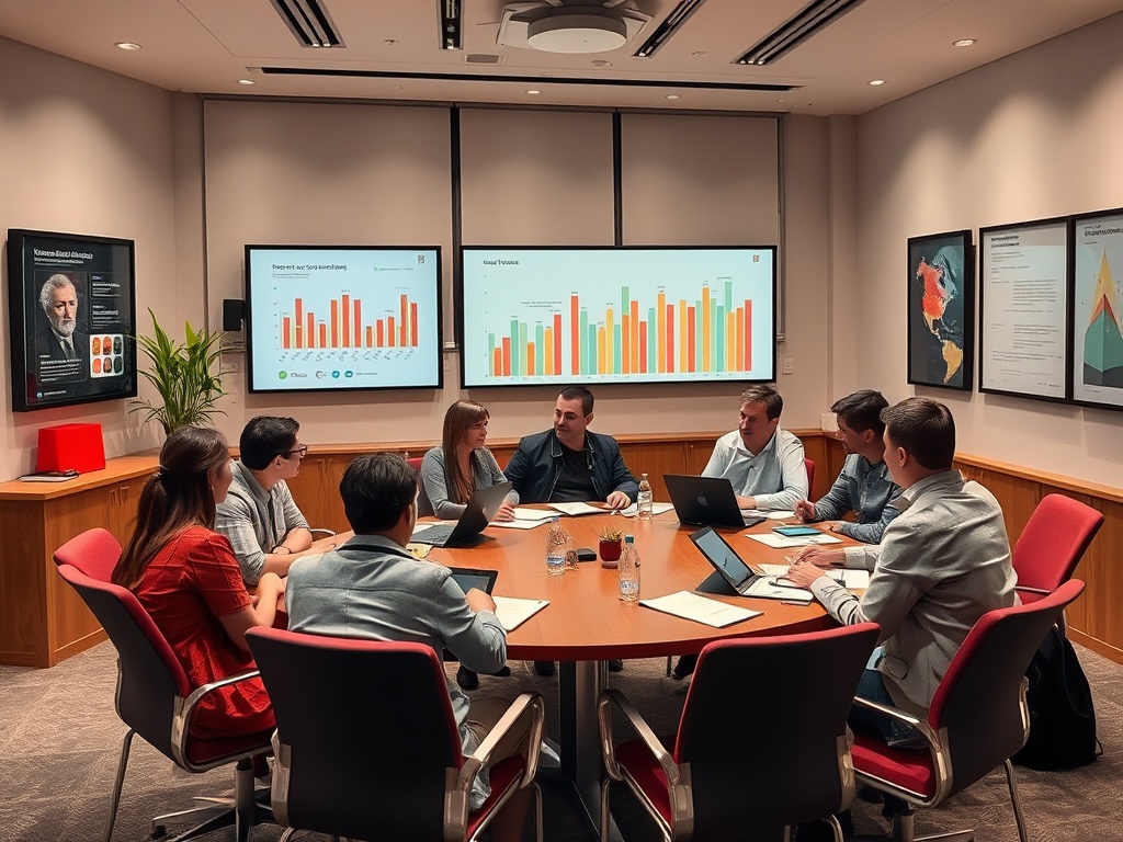 A diverse group of professionals discussing graphs and data during a meeting in a modern conference room.