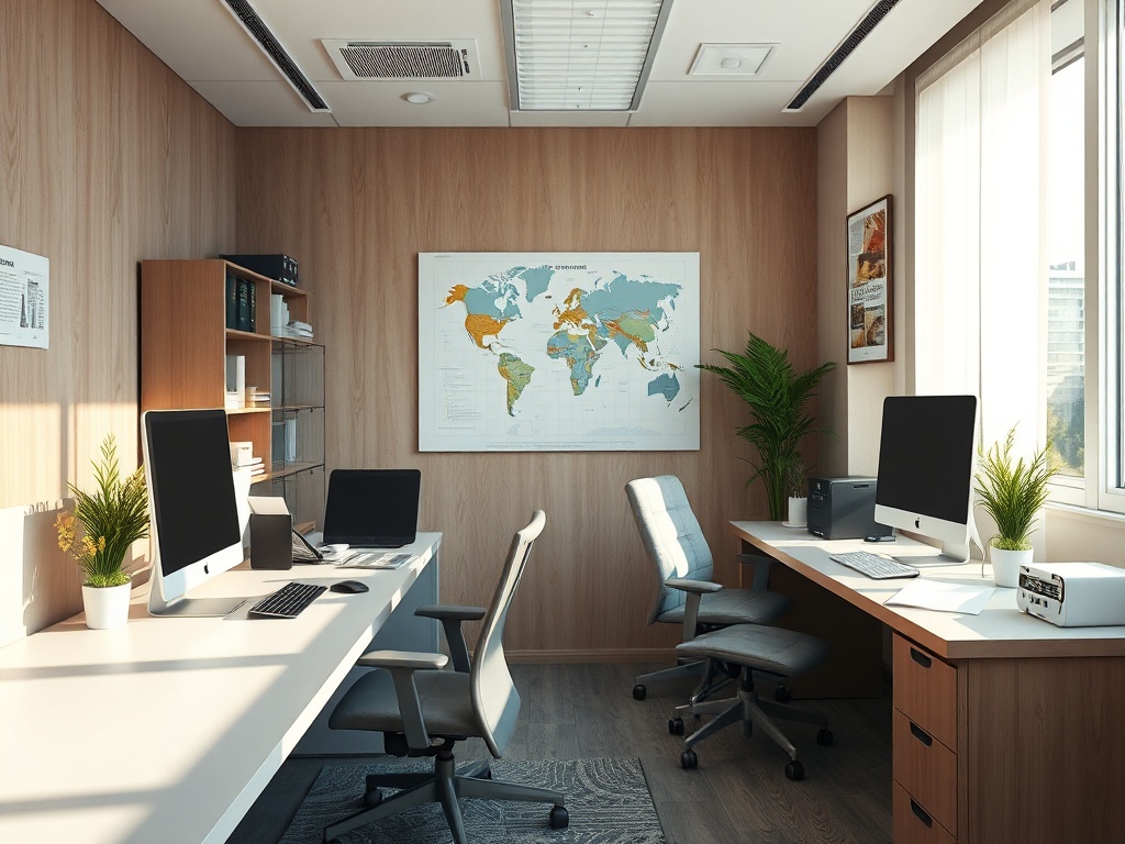 A bright, modern office featuring two desks, computers, plants, and a world map on the wall.