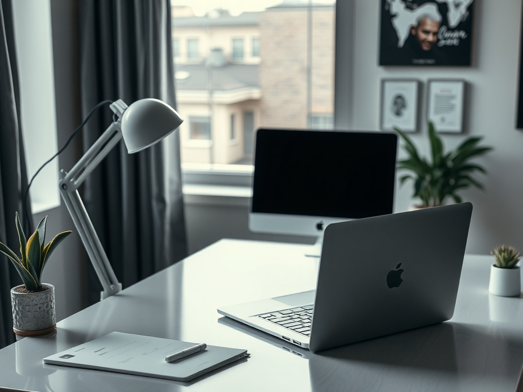 A modern workspace with a laptop, desktop computer, desk lamp, and potted plants next to a window.